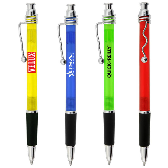A collection of four plastic pens in yellow, blue, green, and red, each featuring a logo and a sleek design.