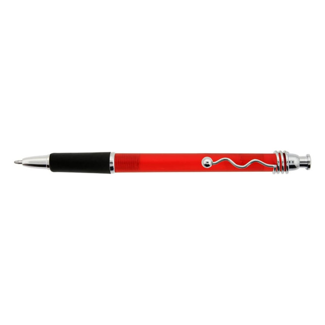 A red plastic pen with a chrome tip and a black grip, featuring a decorative spiral design and a branding logo.