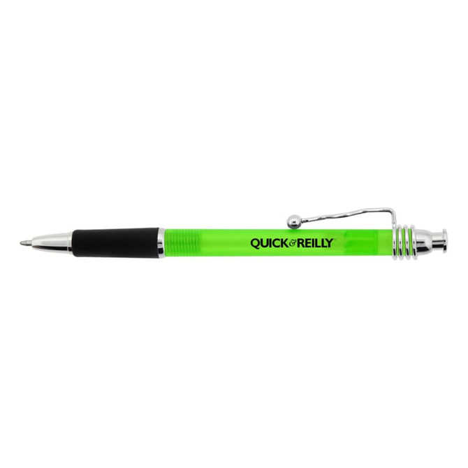 A green plastic pen with a sleek design, featuring a silver clip and a branding logo.
