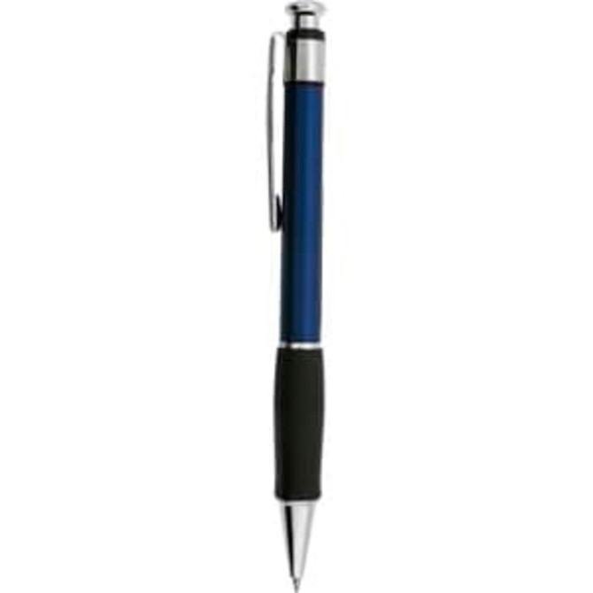 A blue plastic pen with a silver clip and a black rubber grip. It features a logo.