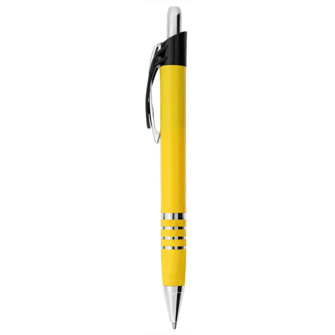 A yellow metal pen with a chrome clip and three silver rings on the barrel. Branding is present on the pen.
