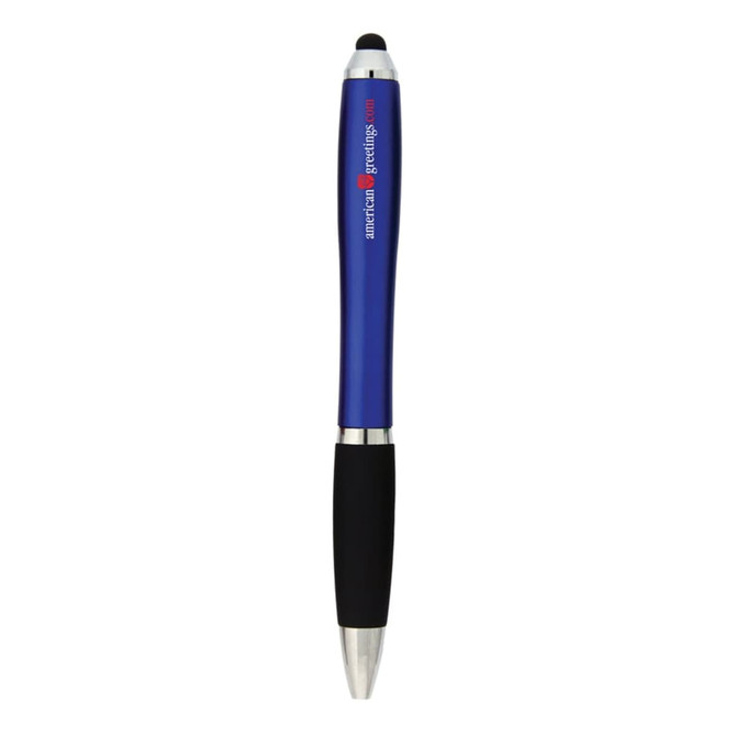 A blue stylus pen with a silver tip and a black grip, featuring a logo.