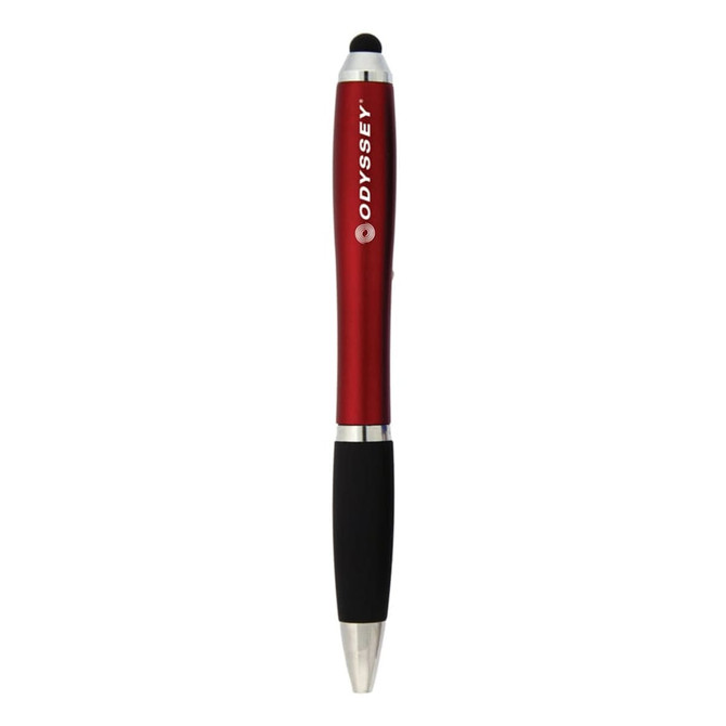 A red stylus pen with a black grip and a silver tip, featuring a logo.