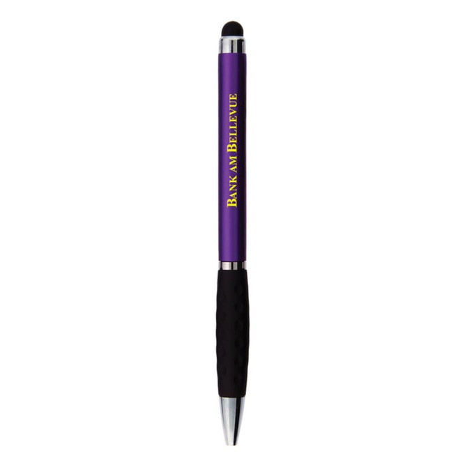 A purple stylus pen with a rubber grip and silver accents. It features a branding logo.
