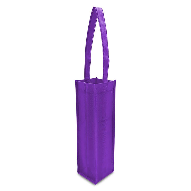 A purple non-woven single wine tote bag with a long handle and an interior designed for carrying a wine bottle.
