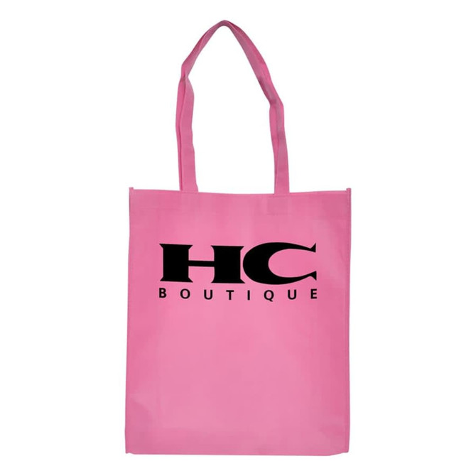 A pink shopping tote bag with a gusset and a logo featuring "HC BOUTIQUE" in black.