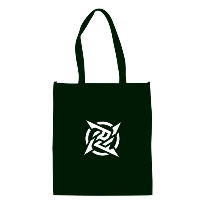 A large black shopping tote bag with a white logo design prominently displayed on the front.