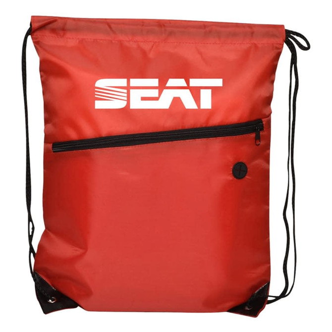 A red drawstring bag with a zippered pocket and a logo on the front.