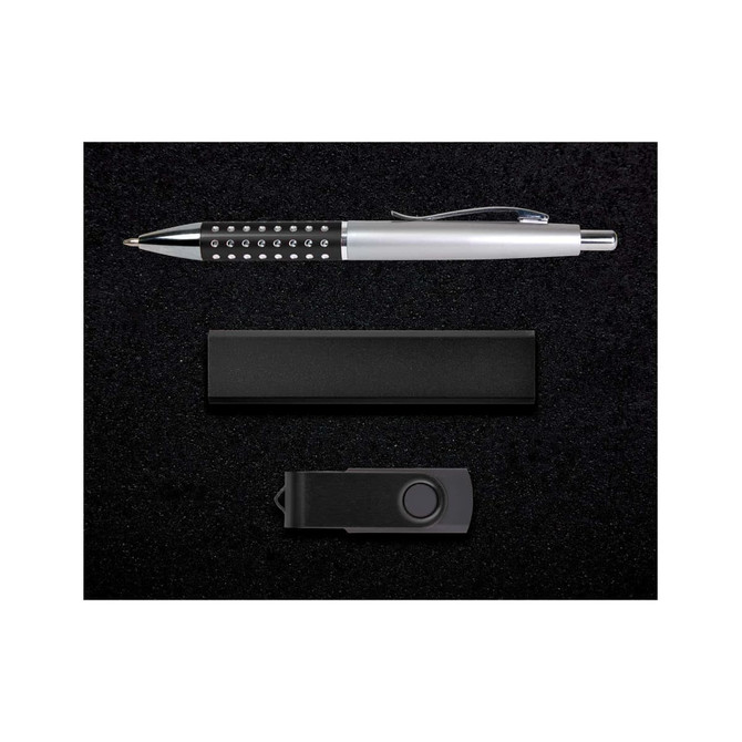 A gift set featuring a sleek pen with decorative accents, a compact USB flash drive, and a stylish box for presentation.