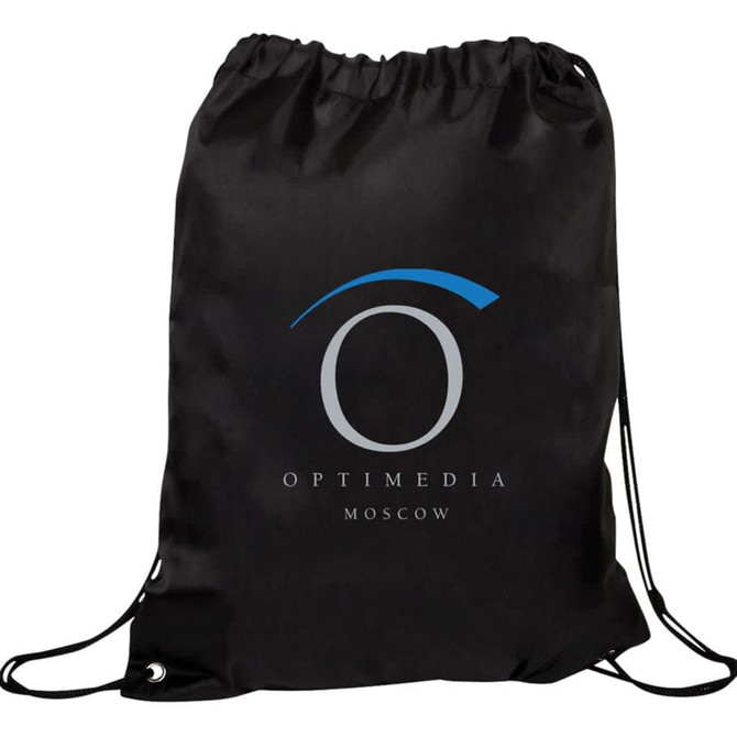 A black drawstring bag featuring a logo and a cinched closure at the top.