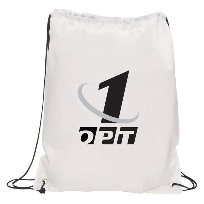 A white gym drawstring bag with a black logo and contrasting drawstrings.