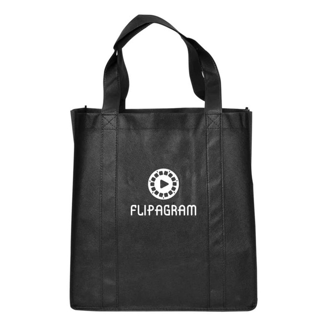 A black shopping tote bag with a gusset and a logo on the front.