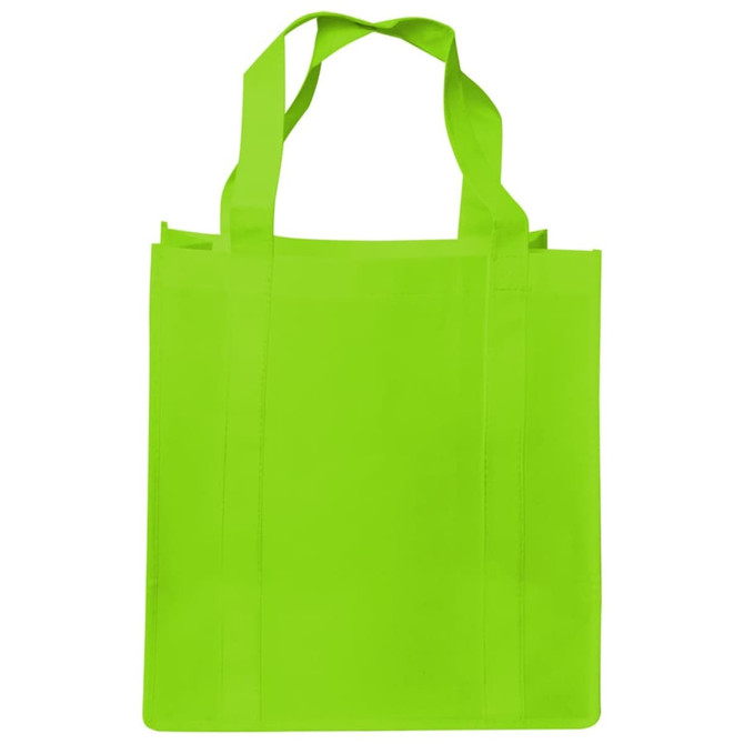 A bright green shopping tote bag with gusset and two sturdy handles. It features a logo on one side.