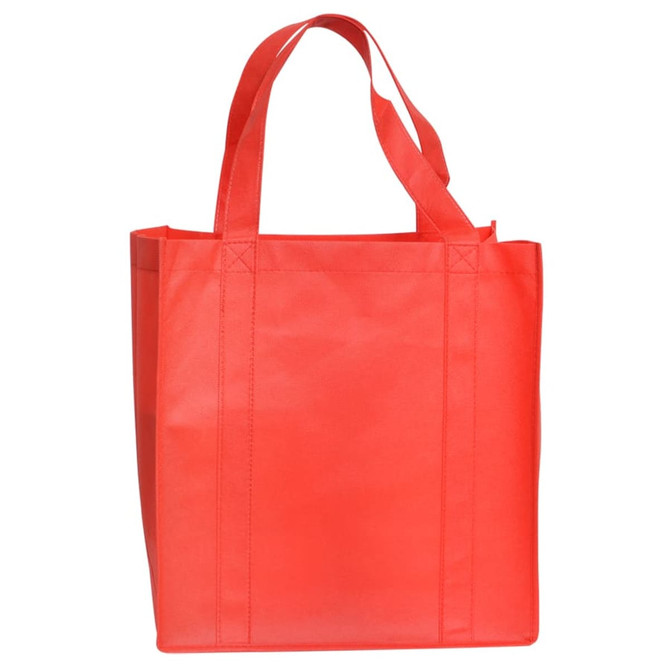 A red shopping tote bag with gusset and two handles, featuring a simple design and a logo.