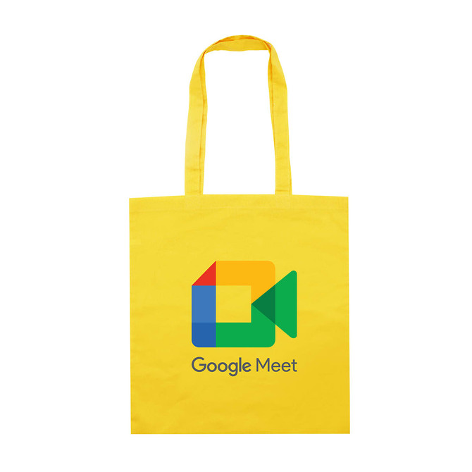 A yellow tote bag with short handles and a logo design featuring a camera icon and text.