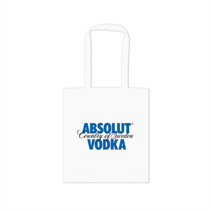 A white tote bag featuring a logo in blue text. It has two handles for carrying.