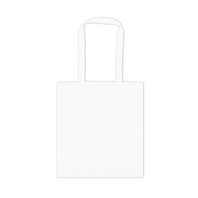 A plain white tote bag with long handles and no visible branding or designs.