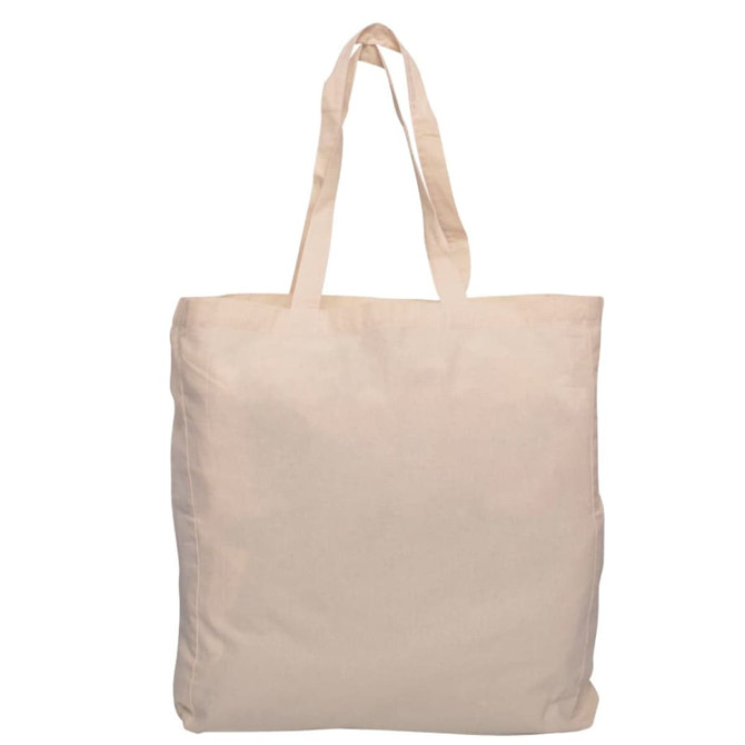 A beige calico tote bag with gusset and two handles. It features a plain design and includes a logo.