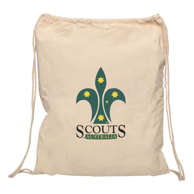 A calico drawstring bag in cream colour featuring a green logo with a fleur-de-lis and stars.