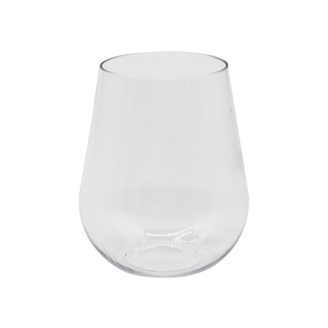 A clear, stemless shatterproof white wine glass with a rounded design and no branding visible.