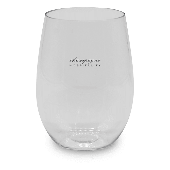 A stemless, shatterproof red wine glass in clear plastic with a logo. Suitable for outdoor use.