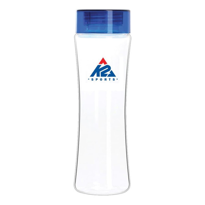 A drink bottle made of clear Tritan with a blue lid and a logo on the front.