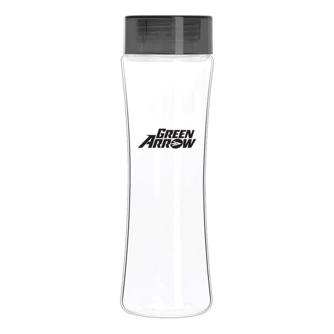 A drink bottle in clear Tritan with a black lid and a logo on the front.