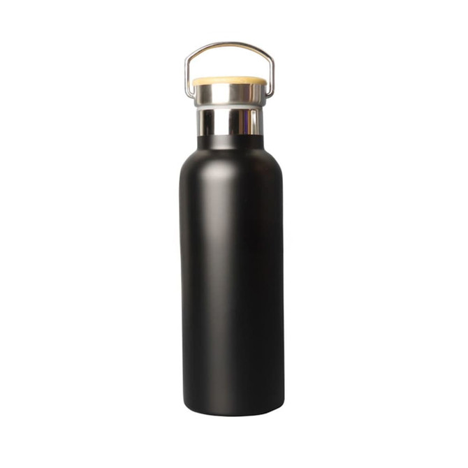 A drink bottle in matte black with a stainless steel rim and wooden cap, featuring a logo.
