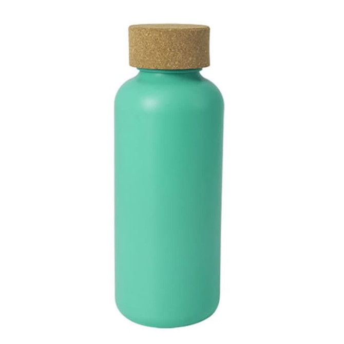 A drink bottle in turquoise with a cork lid. It has a smooth surface and a simple design.