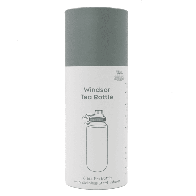 A drink bottle with a stainless steel infuser, featuring a clear glass body and a grey lid. Contains a logo.