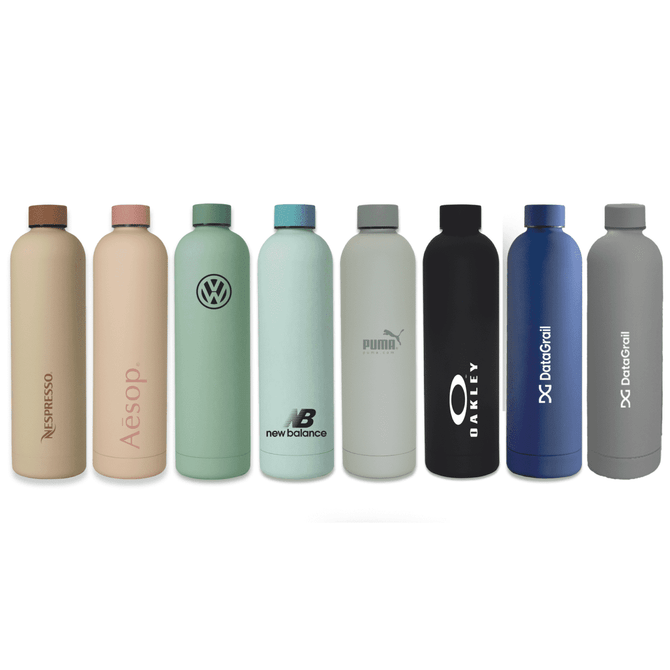 A drink bottle collection featuring various designs and colours, including beige, green, black, and grey, with logos.