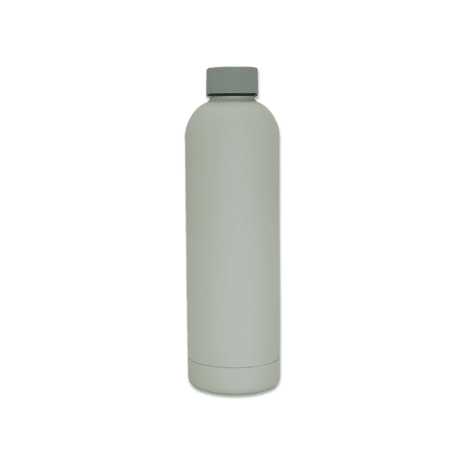 A drink bottle in a sleek, matte grey colour with a screw-top lid and branding visible.