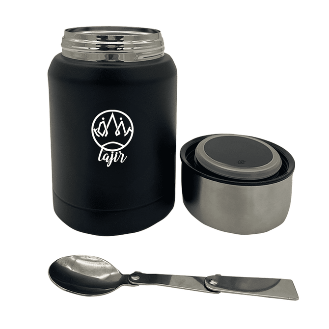 A drink bottle in matte black with a stainless steel inner and a spoon, featuring a logo on its exterior.