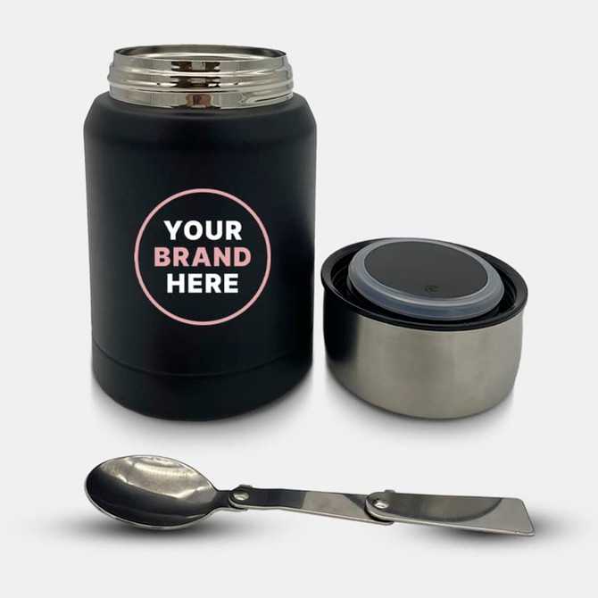 A drink bottle in matte black with a silver lid, accompanied by a stainless steel spoon and a branding area.