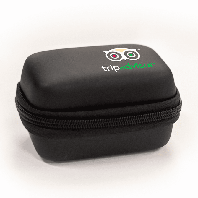 A black zippered case with a logo on the top, designed for travel accessories.