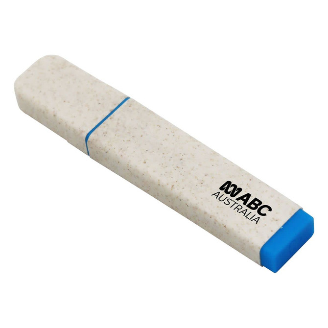 An eco-friendly highlighter in a cream and blue design, featuring a branding logo.
