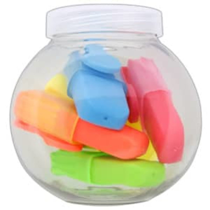 A transparent jar filled with assorted highlighters in blue, pink, yellow, orange, and green.