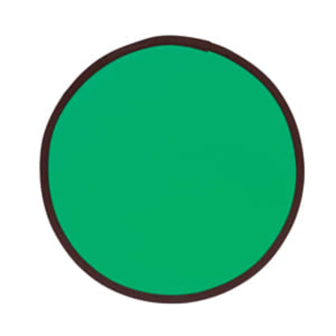 A green fold-up flying disc with a brown trim and a logo in the centre.