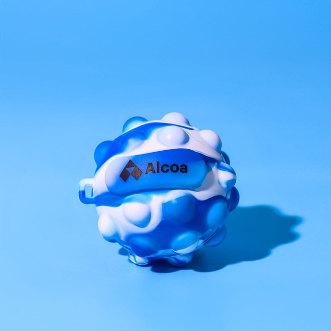 A blue and white stress ball resembling a popper, featuring a logo.