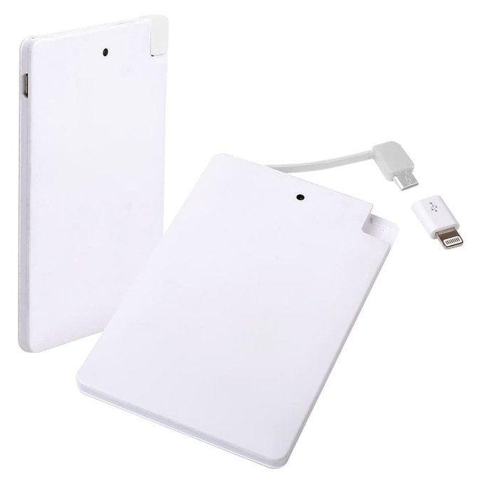 A white ultra slim power bank with a USB and lightning connector attached. It has a logo on the surface.