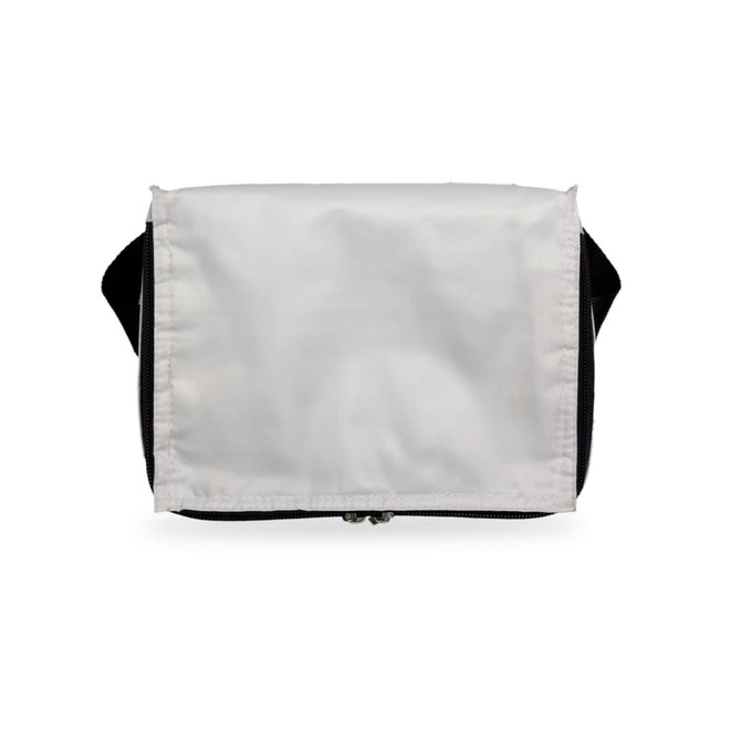 A black and white carry bag with a zip closure, featuring a large white flap and straps on the sides.