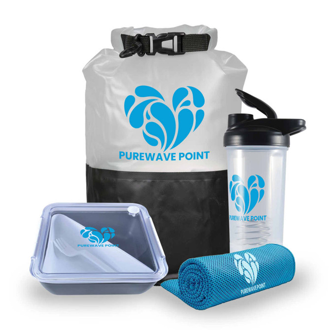 A dry bag in white and black, accompanied by a protein shaker, food container, and a blue towel, all including a logo.