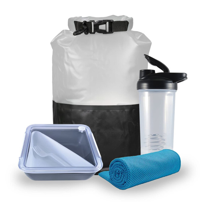 A dry bag, a shaker bottle, a blue microfiber towel, and a lunch container with a fork.