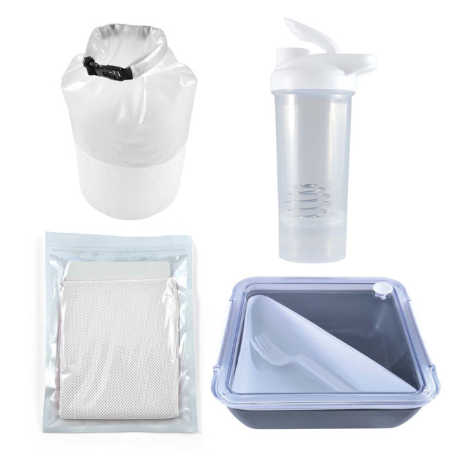 A white dry bag, a clear drink bottle, a translucent food container, and a resealable storage bag are featured in the image.