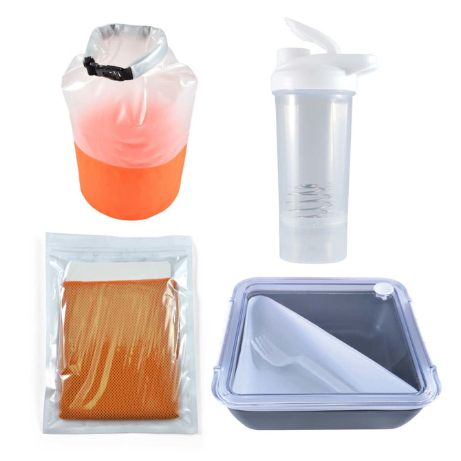 An orange dry bag, a clear drink bottle, an orange mesh bag, and a gray food container with a lid and fork.