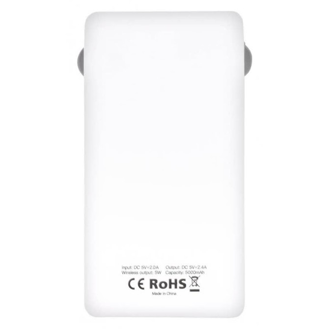 A white power bank with a capacity of 5,000 mAh, featuring a logo and smooth surface design.