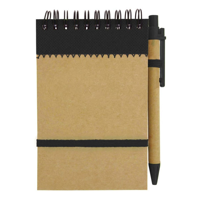 A brown recycled jotter pad with a spiral binding, elastic band, and a black pen attached. It features a logo.