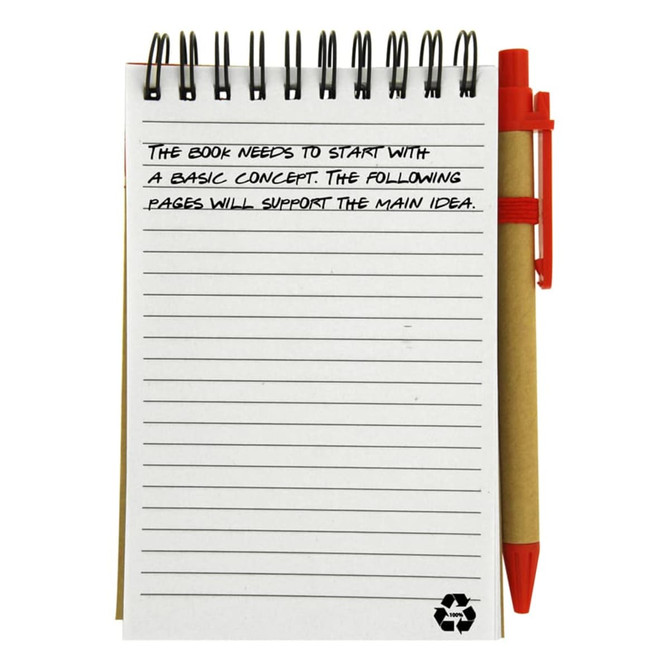 A recycled jotter pad with lined pages and a red pen attached, featuring a spiral binding.