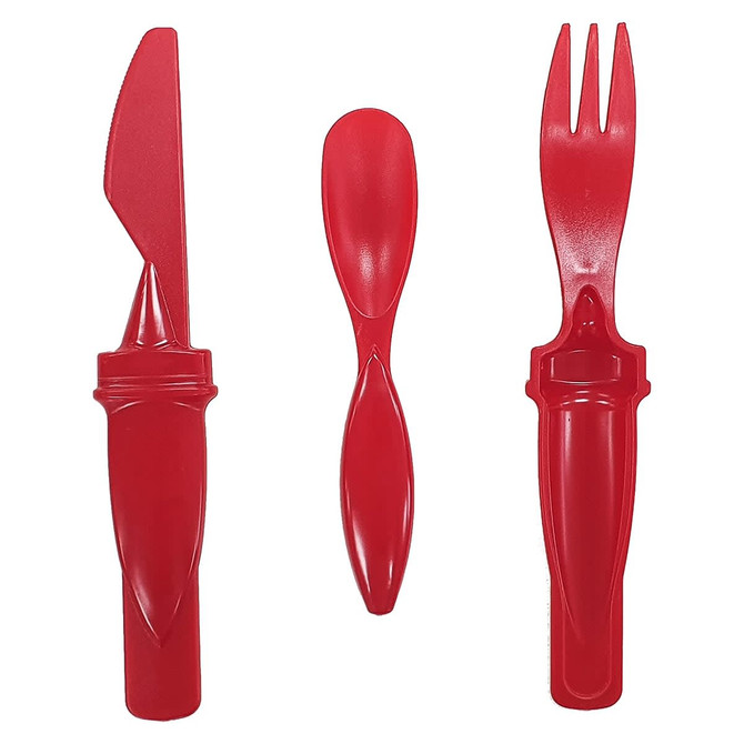 A red plastic cutlery set featuring a knife, spoon, and fork, all with a sleek design.
