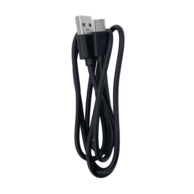 A black charging cable with USB connectors at both ends, neatly coiled for easy storage.